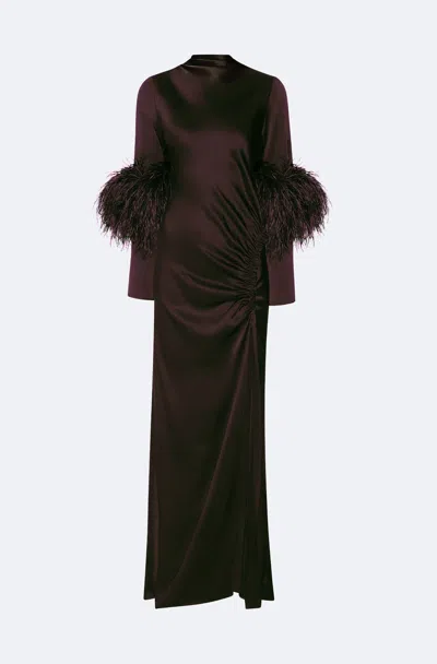 Lapointe Satin Tab Gown With Feathers In Dark Brown