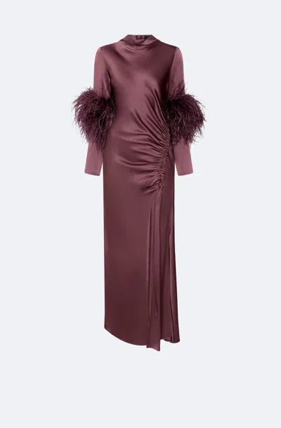 Lapointe Satin Tab Gown With Feathers In Dark Mauve