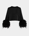Lapointe Satin Top With Feathers In Black