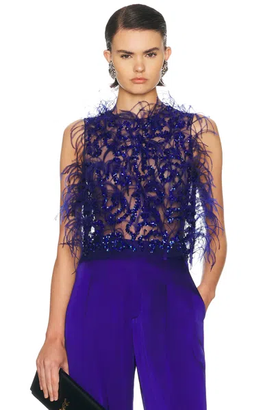 Lapointe Sequin & Feather Embroidery Cropped Tank Top In Blue