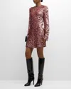 Lapointe Sequin Long-sleeve Mini Shift Dress In Mauve