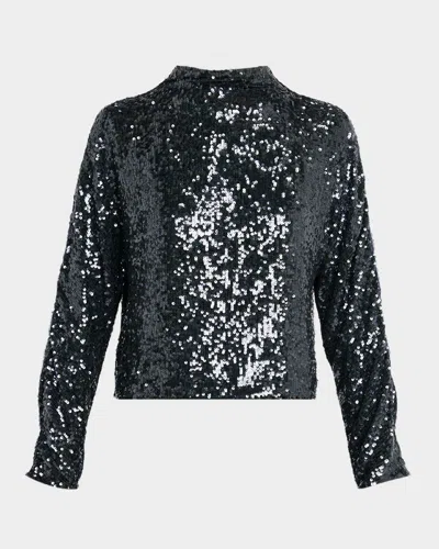 Lapointe Sequined Mock-neck Long-sleeve Blouse In Black