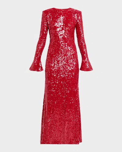 Lapointe Sequined Viscose Flare-sleeve Maxi Dress In Red