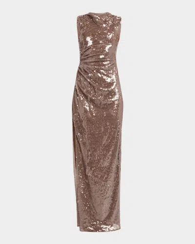 Lapointe Sheer Sequin Ruched Gown With Slit In Brown