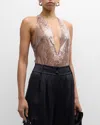 Lapointe Sheer Sequin Plunge Neck Bodysuit In Sand