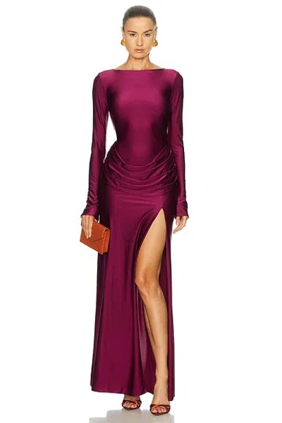 Lapointe Shine Jersey Long Sleeve Draped Waist Gown In Berry