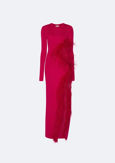 Lapointe Shiny Viscose Cut-out Dress With Feathers In Cerise
