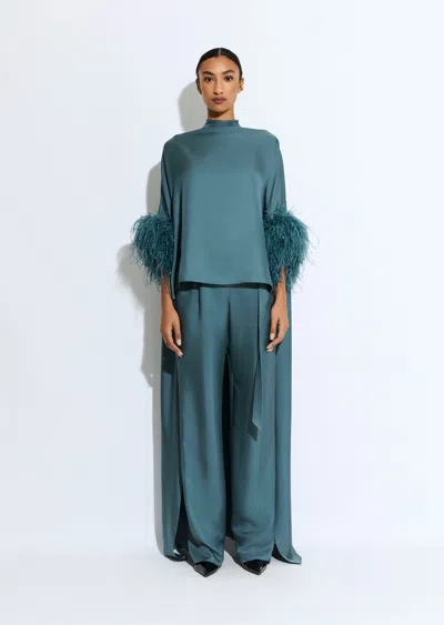 Lapointe Silky Twill High Low Mock Neck Top With Feathers In Slate