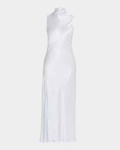 Lapointe Sleeveless Draped-neck Satin Slit Midi Dress In Animal Print