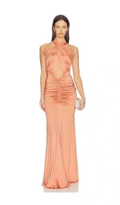 Lapointe Sleeveless Halter Ruched Gown In Brown