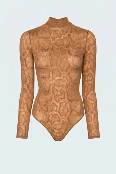 Lapointe Snake Lace Mock Neck Bodysuit In Brown
