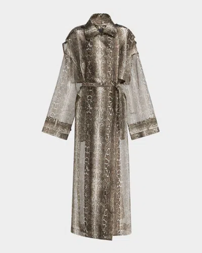 Lapointe Snake Print Organza Double-breasted Trench Coat In Brown Snake
