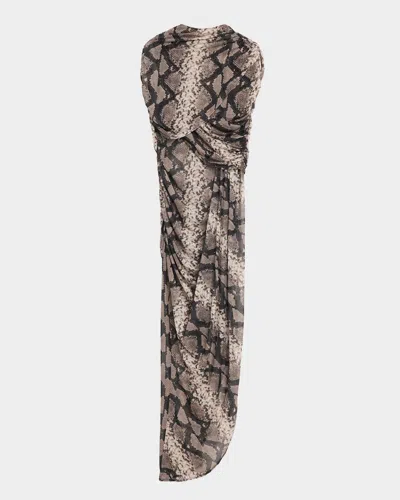 Lapointe Snakeskin-print Mesh Draped Capelet Maxi Dress In Brown