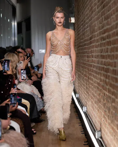 Lapointe Stretch Cotton Twill Embroidered Pants With Feathers In Cream