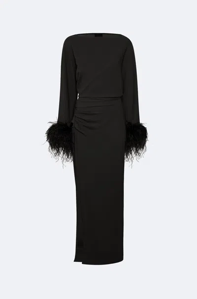 Lapointe Stretch Drape Crepe Off The Shoulder Dress With Feathers