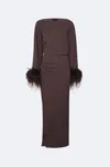 Lapointe Stretch Drape Crepe Off The Shoulder Dress With Feathers