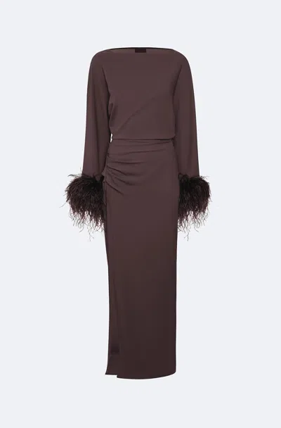 Lapointe Stretch Drape Crepe Off The Shoulder Dress With Feathers
