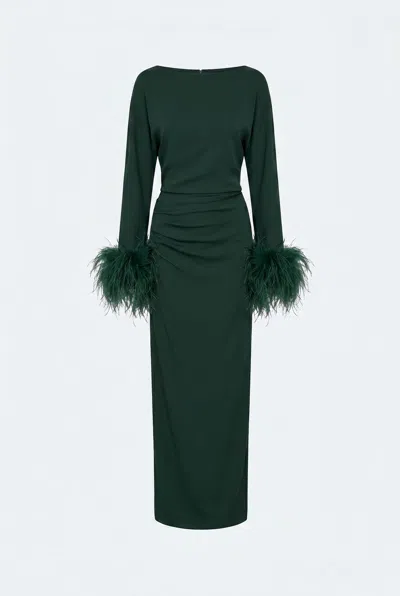 Lapointe Stretch Drape Crepe Slit Dress With Feathers In Green