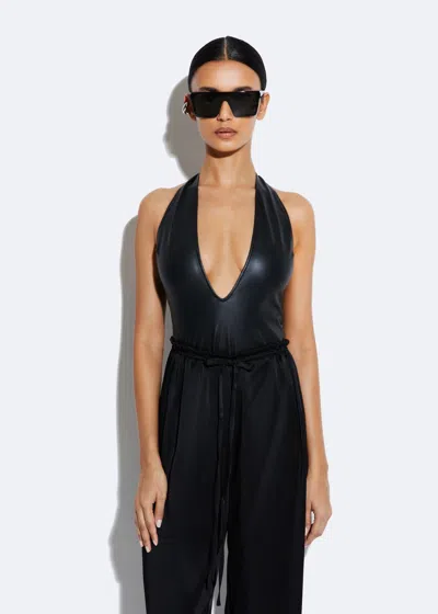 Lapointe Stretch Faux Leather Plunge Neck Bodysuit In Black