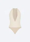 Lapointe Stretch Faux Leather Plunge Neck Bodysuit In Sand