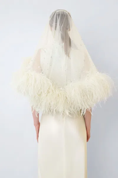 Lapointe Tulle Embroidered Short Veil With Feathers In Cream