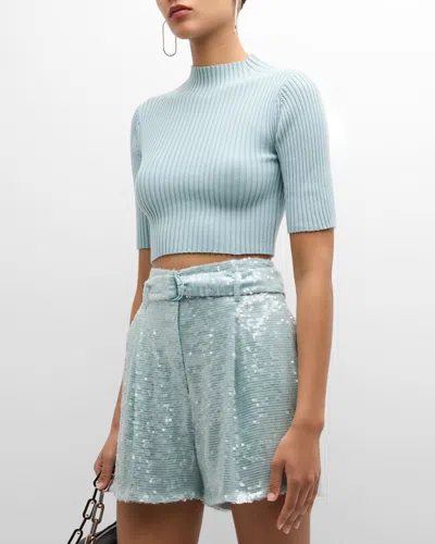 Lapointe Turtleneck Short-sleeve Cotton-wool Crop Top In Soft Blue