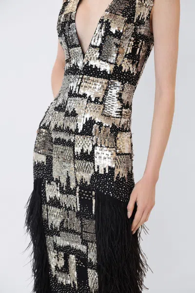 Lapointe V Neck Dress With Feathers In Silver