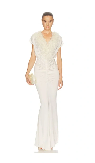 Lapointe V Neck Shirred Gown With Feathers In White