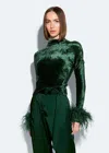 Lapointe Feather-trimmed Dolman-sleeve Velvet Top In Forest