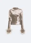 Lapointe Velvet Dolman Top With Feathers In Washed Silver