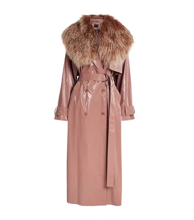 Lapointe Vinyl Double-breasted Trench With Shearling Collar In Pink