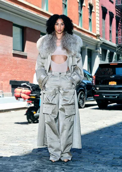 Lapointe Washed Cotton Double Breasted Trench With Shearling In Grey