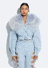Lapointe Cropped Washed Denim And Shearling Biker Jacket In Light Indigo