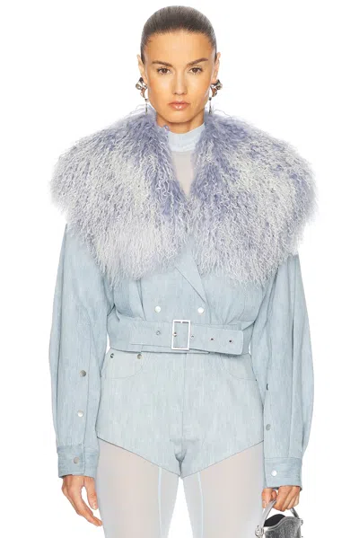 Lapointe Washed Denim Biker Shearling Jacket In Light Indigo
