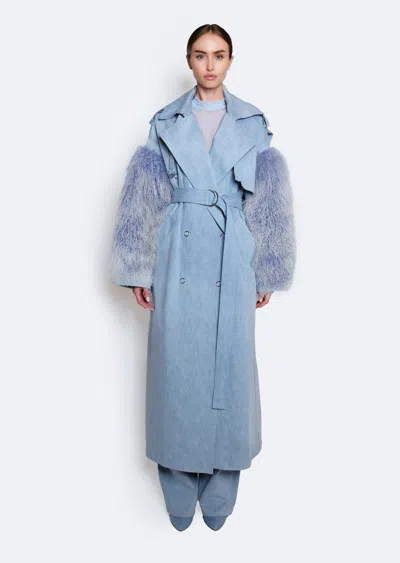 Lapointe Washed Denim Double Breasted Trench With Shearling In Light Indigo