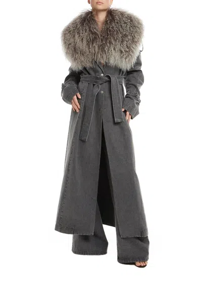 Lapointe Washed Denim Relaxed Trench With Shearling