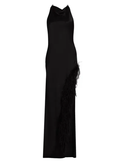 Lapointe Women's Feather Trim Satin Column Gown In Black