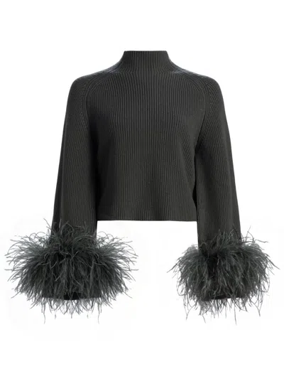 Lapointe Mock-neck Merino Rib Sweater With Feathers In Black