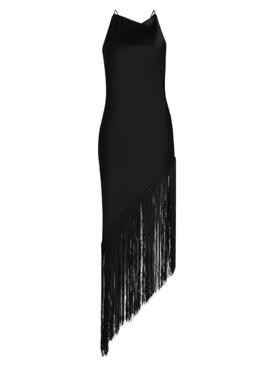 Lapointe Women's Fringed Satin Cowlneck Midi-dress In Black