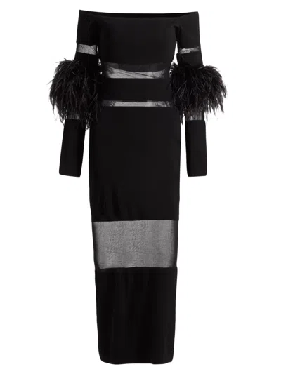 Lapointe Women's Mesh Knit Feather-trimmed Maxi Dress In Black