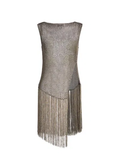 LAPOINTE WOMEN'S METALLIC NETTING FRINGED ASYMMETRIC TOP