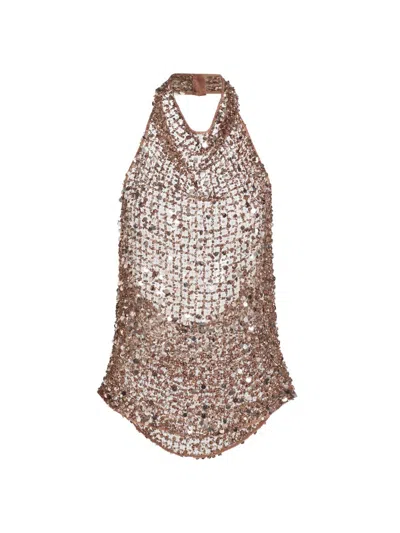 Lapointe Women's Sequined Net Mesh Halter Top In Brown
