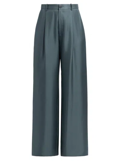 Lapointe Women's Silk Twill Pleated Wide-leg Pants In Blue