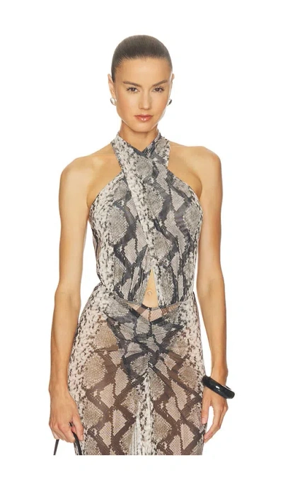 Lapointe X Revolve Printed Mesh Cross Bodysuit In Gray