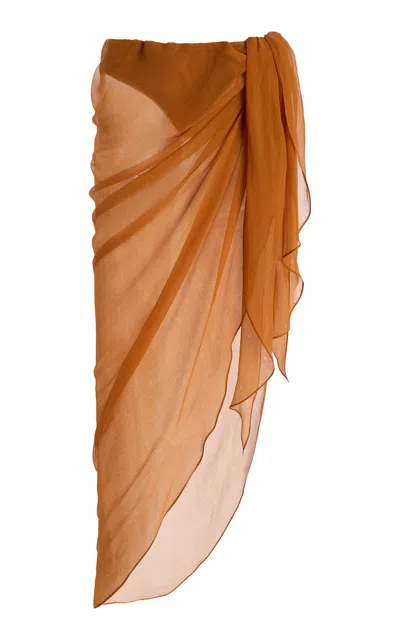 Laquan Smith Asymmetric Silk Midi Skirt In Brown