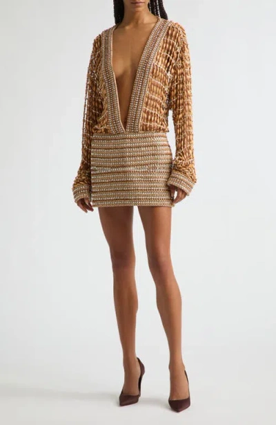 Laquan Smith Beaded Long Sleeve Plunge Neck Minidress In Brown