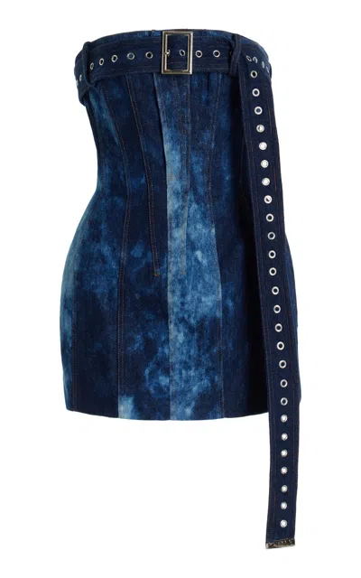Laquan Smith Belted Padded-cotton Mini Dress In Blue