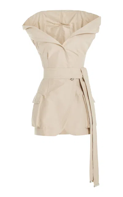 Laquan Smith Belted Silk-cotton Cocoon Safari Mini Dress In Neutral