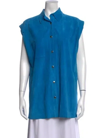 Pre-owned Laquan Smith Calf Leather Sleeveless Button-up Top In Blue