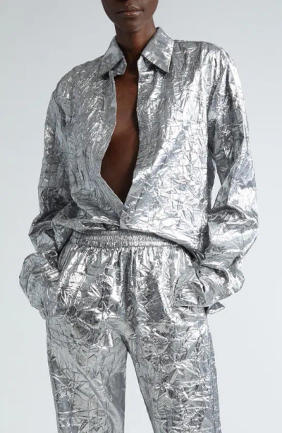 Laquan Smith Crinkle Metallic Plunge Neck Button-up Shirt In Silver